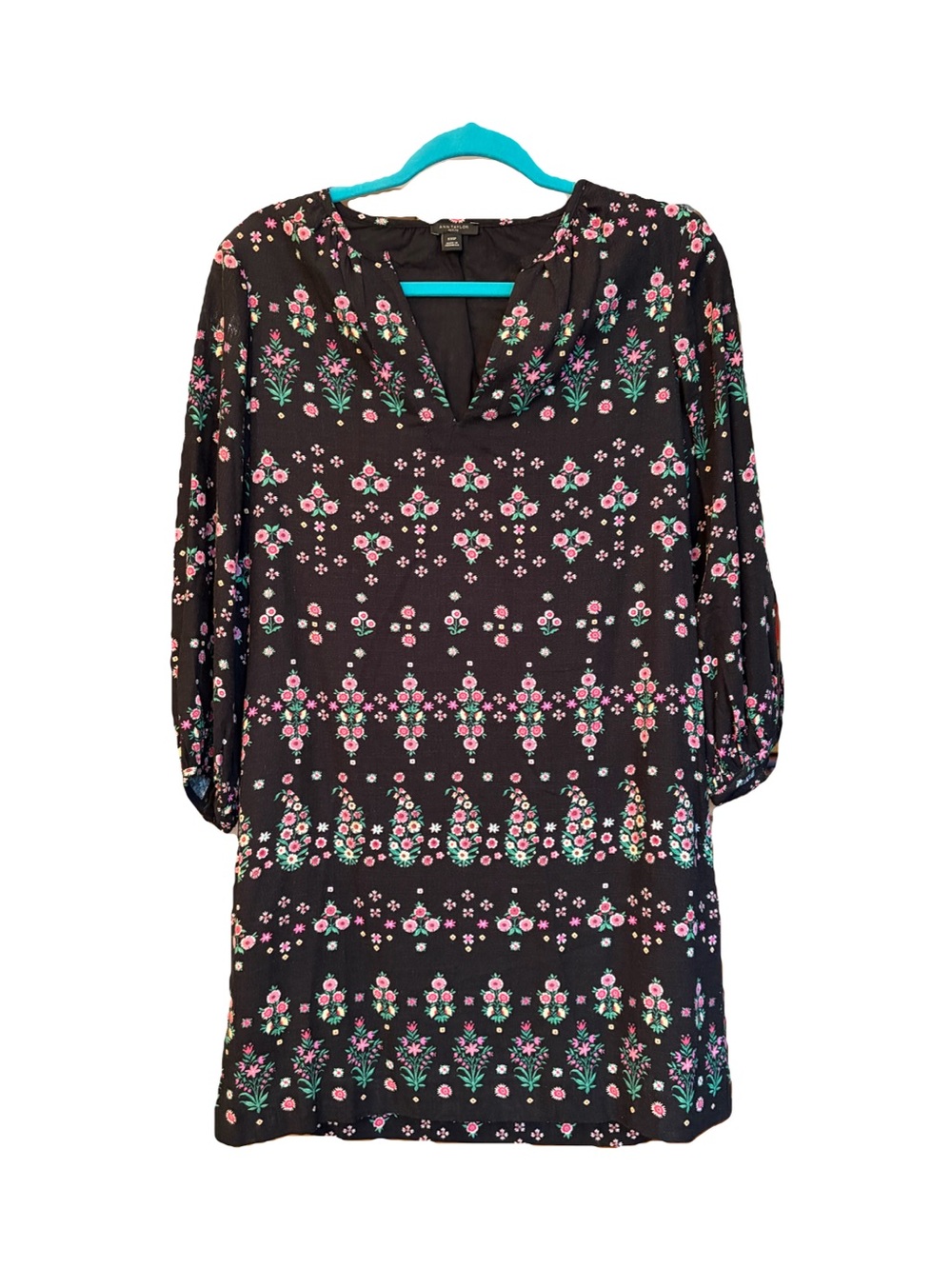 Ann Taylor Floral Pattern Split Neck Cotton Linen Shift Dress - Picture 2 of 4